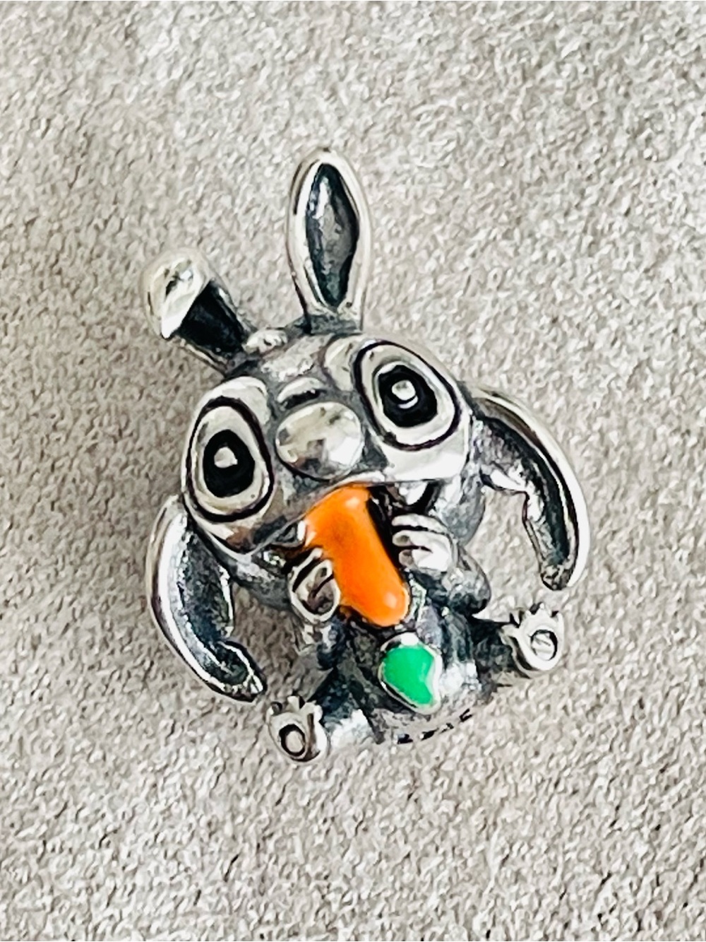 Pandora Silver Bunny Charm with Orange Carrot and Green Heart Accent